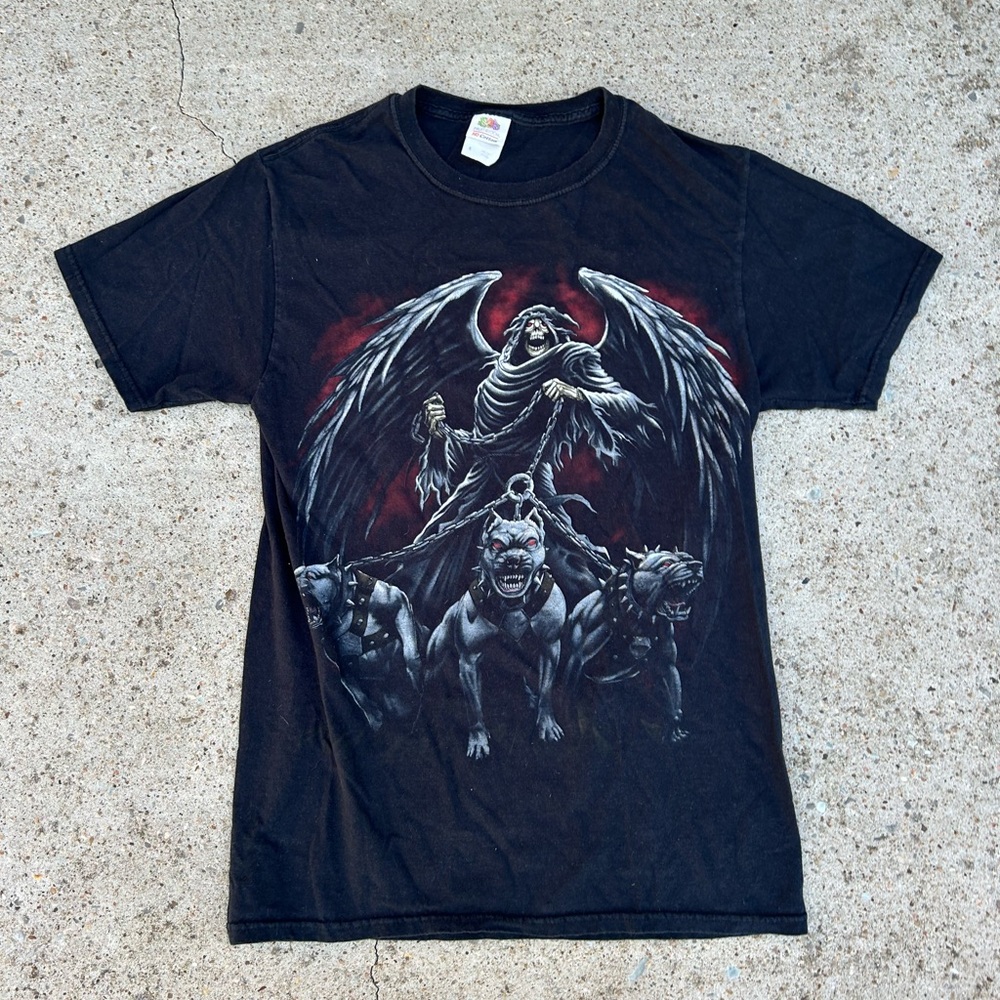 Vintage Y2K Grim Reaper Skull Graphic Tee Shirt Mens S Pitbull Cyber Goth Grunge